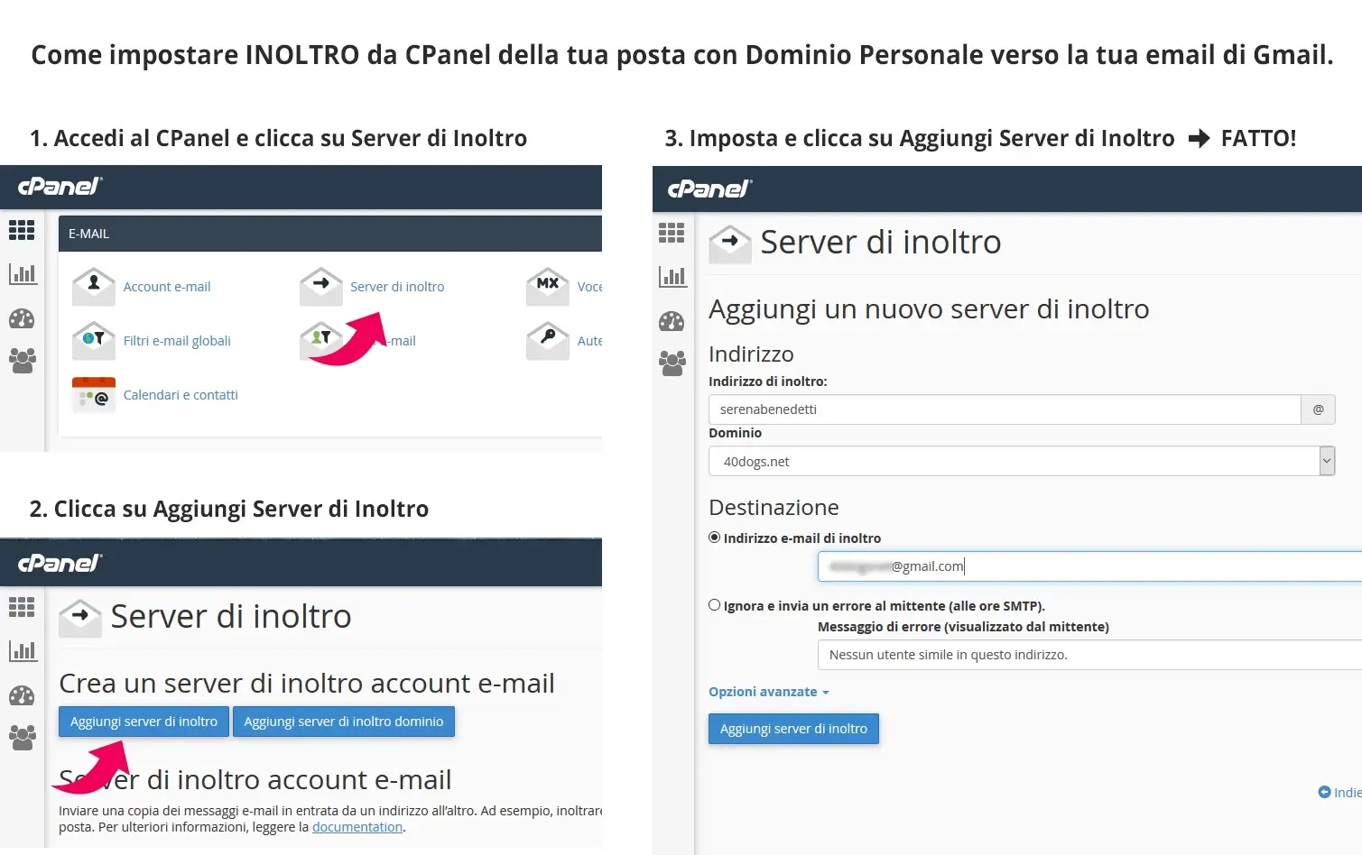 Come impostare INOLTRO da CPanel della tua posta con Dominio Personale verso la tua email di Gmail